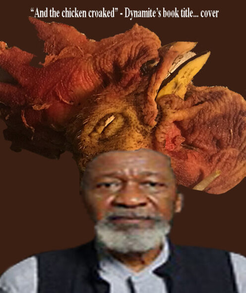 Digital performance art of author Wole Soyinka with a rooster head as a hat.