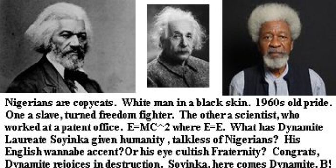 Digital artwork of author Wole Soyinka and Albert Einstein addressing the Nobel Laureates